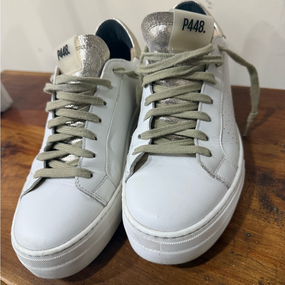 P448 White Leather Sneakers with Olive Laces and Gold Tongue